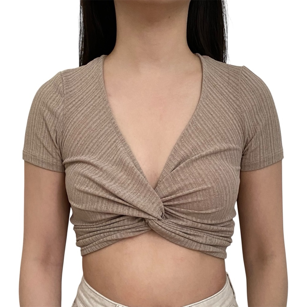 Sabora Twist Front Short Sleeves Ribbed Crop Top Women's Size S - Taupe/ Beige